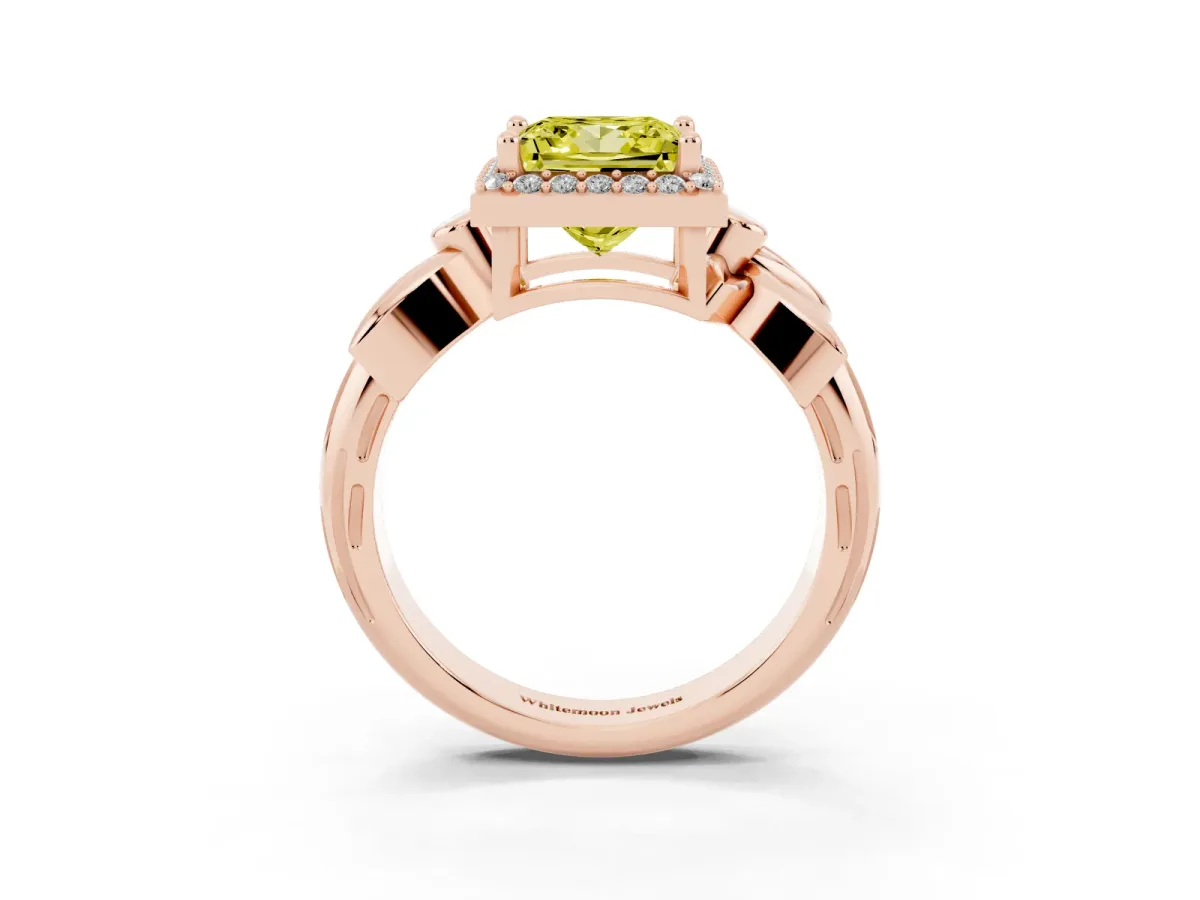 Fancy Yellow Princess Cut Halo Diamond Floral Band with Four-Prong Setting Rose gold
