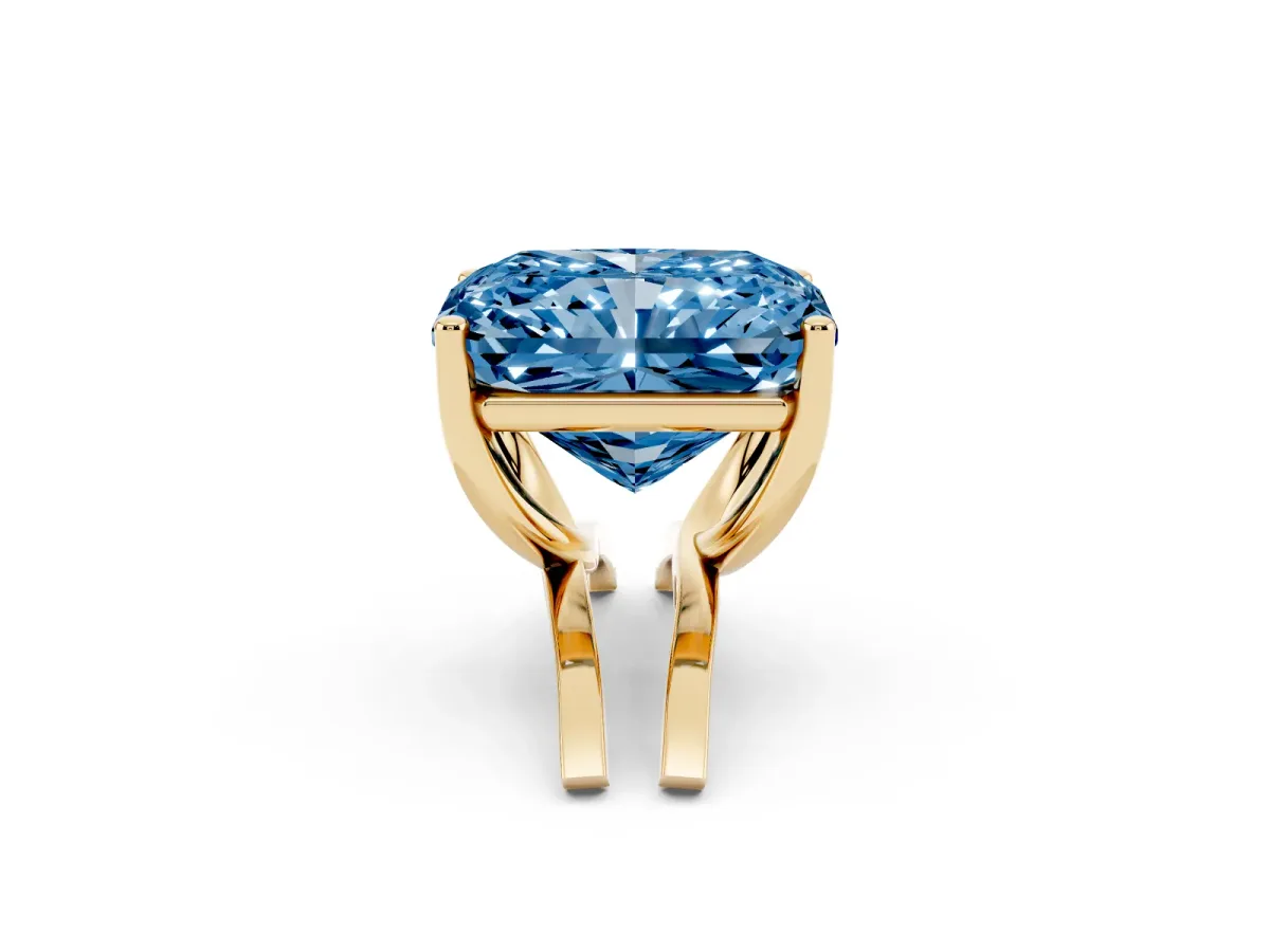 Fancy Blue Radiant Cut Cut Diamond Solitaire Engagement Ring with Tapered Plain Band and Four-Prong Setting Yellow gold