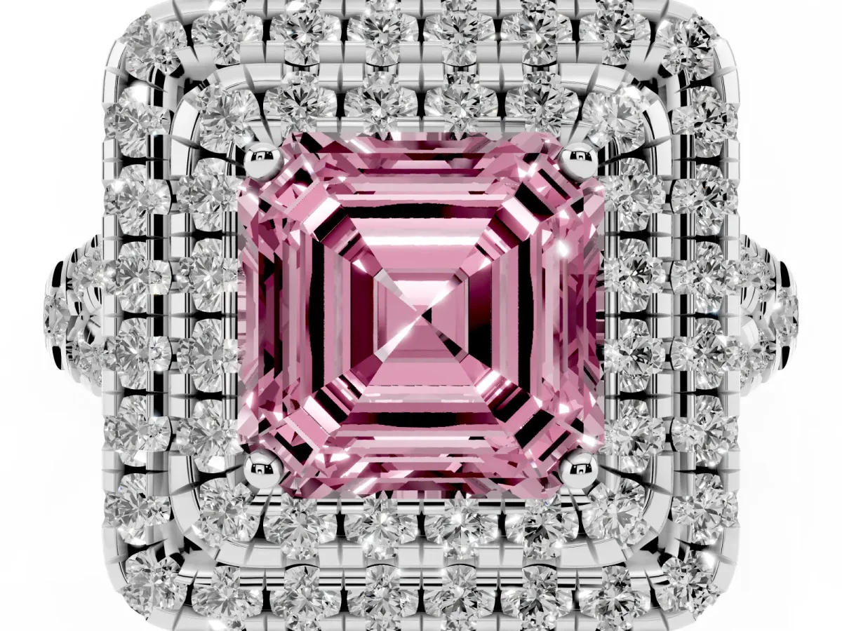 Fancy Pink Double Halo Asscher Cut Diamond Pavé Split Shank Ring with Prong Setting Silver