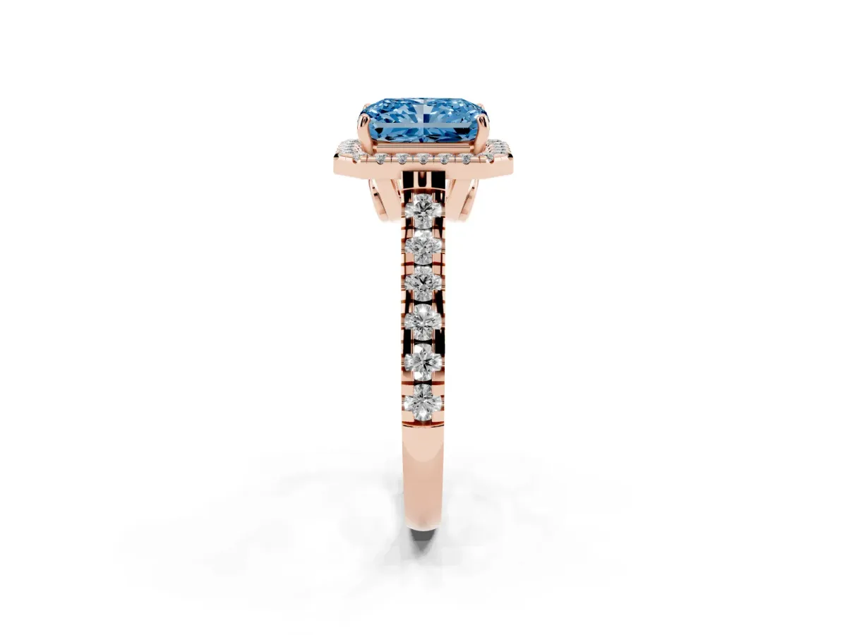 Fancy Blue Radiant Cut Halo Pavé Diamond Engagement Ring with Four-Prong Setting Rose gold