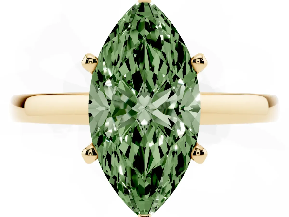 Fancy Green Marquise Cut Solitaire Diamond Engagement Ring with Four-Prong Setting on a Classic Band Yellow gold