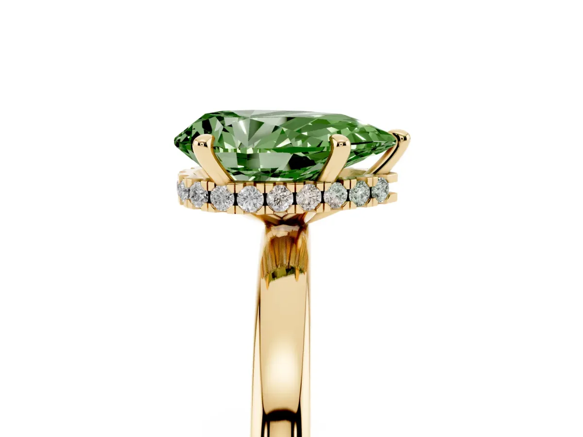 Fancy Green Pear Cut Solitaire Engagement Ring with Cathedral Band and Four-Prong Setting Yellow gold