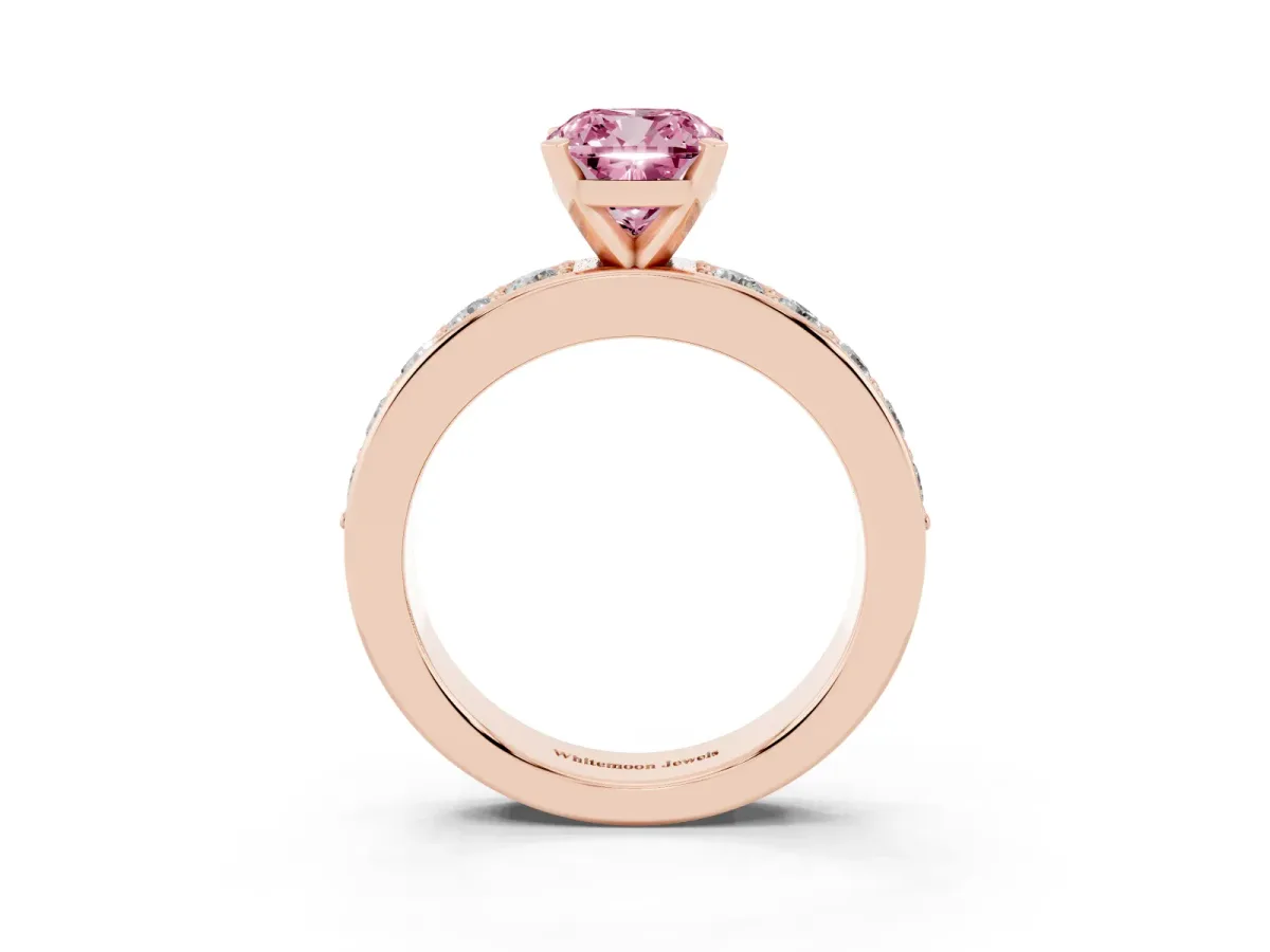 Fancy Pink Cushion Cut Diamond Engagement Ring with Channel Set Round Band and Prong Setting Rose gold