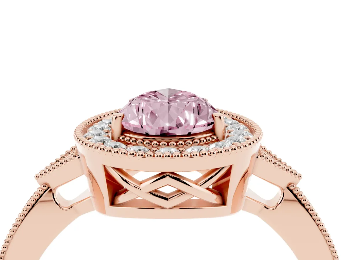 Fancy Pink Pear Cut Halo Round Diamond Milgrain Pave Engagement Ring Rose gold