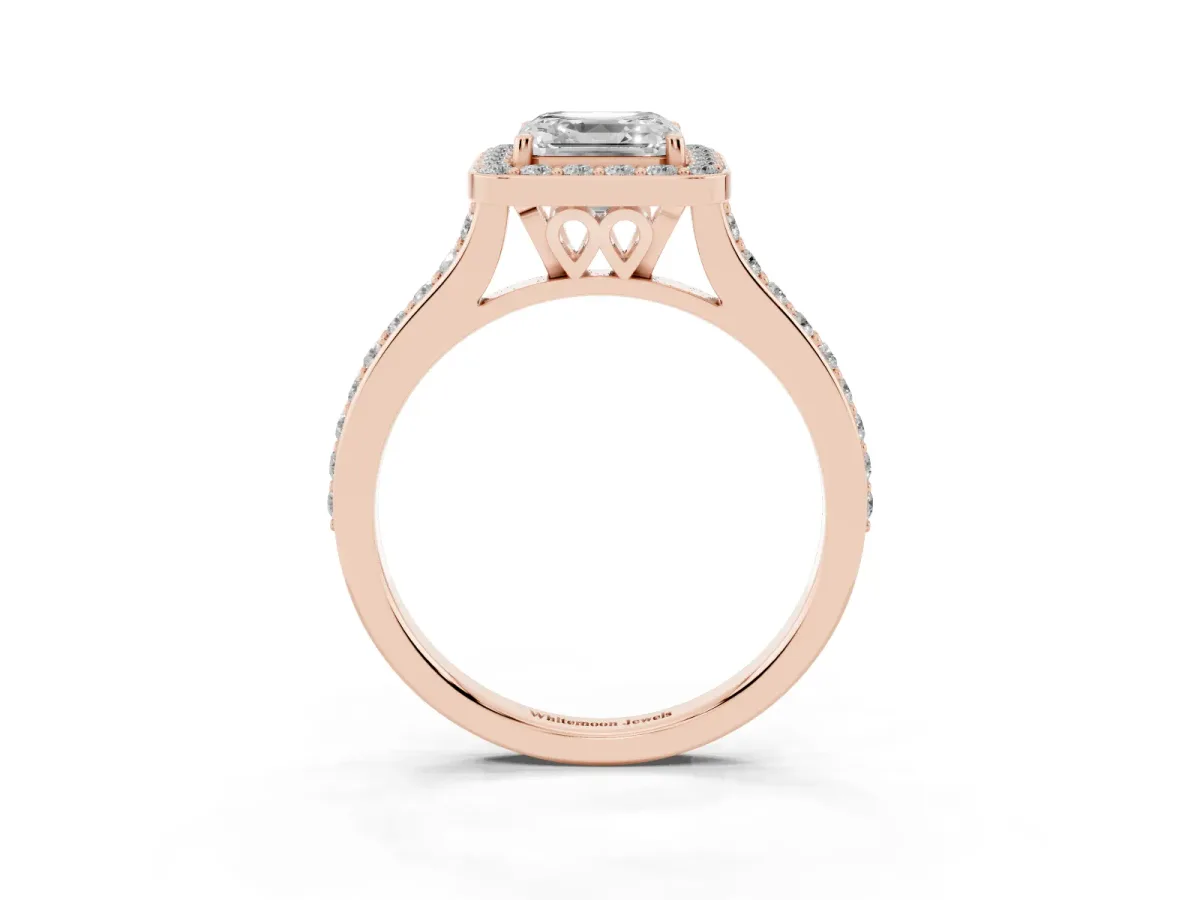 Asscher Cut Diamond Halo Engagement Ring with Round Pavé Shoulders and Prong Setting Rose gold