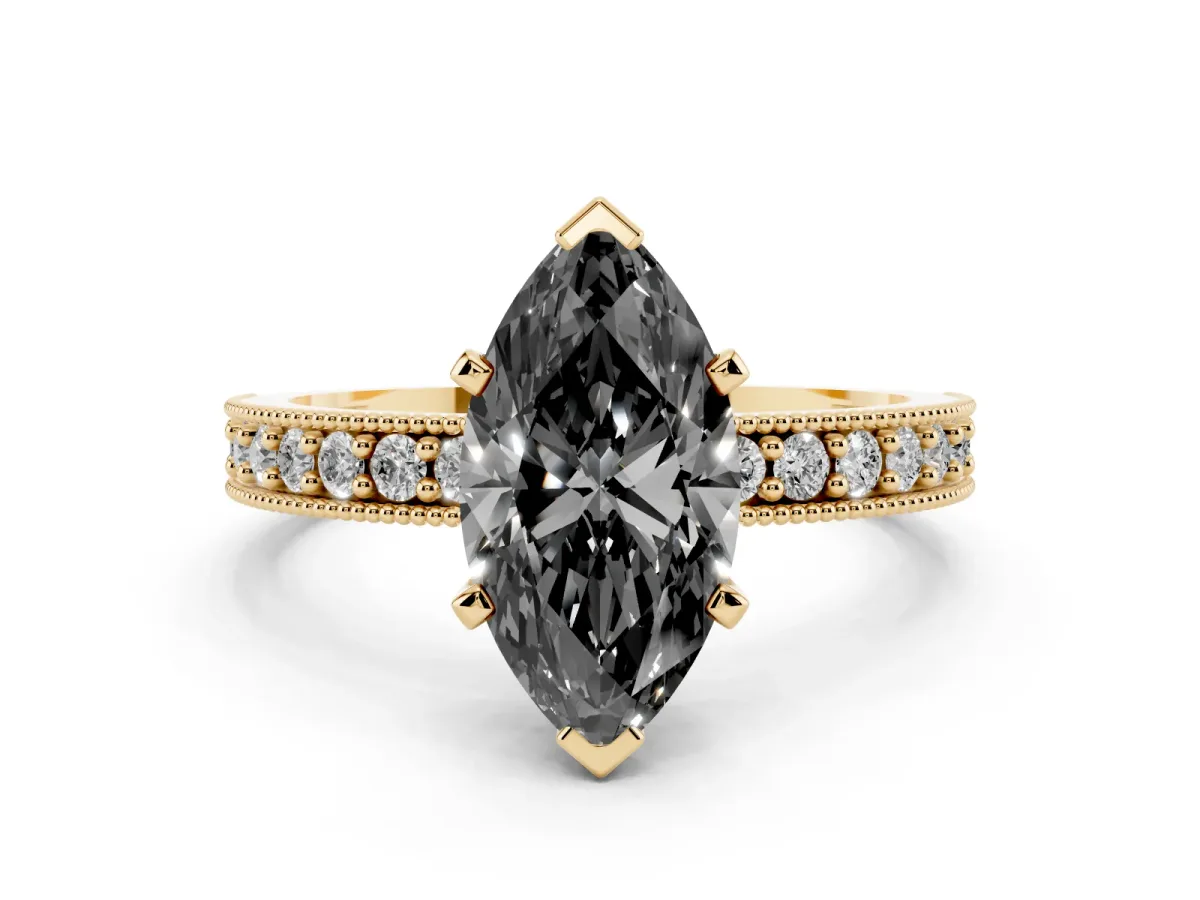 Fancy Black Marquise Cut Diamond Milgrain Pavé Engagement Ring with Four-Prong Setting Yellow gold