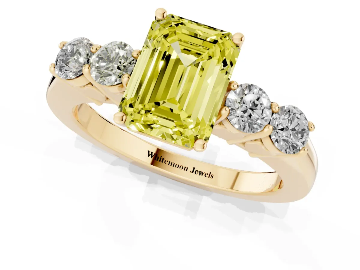 Fancy Yellow Emerald Cut Cut Diamond Five-Stone Prong Set White Gold Ring Yellow gold