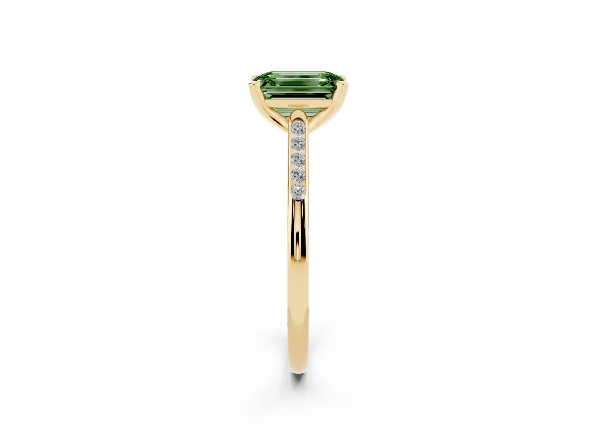 Fancy Green Emerald Cut Diamond Solitaire Ring with Channel Set Round Band and Prong Setting Yellow gold
