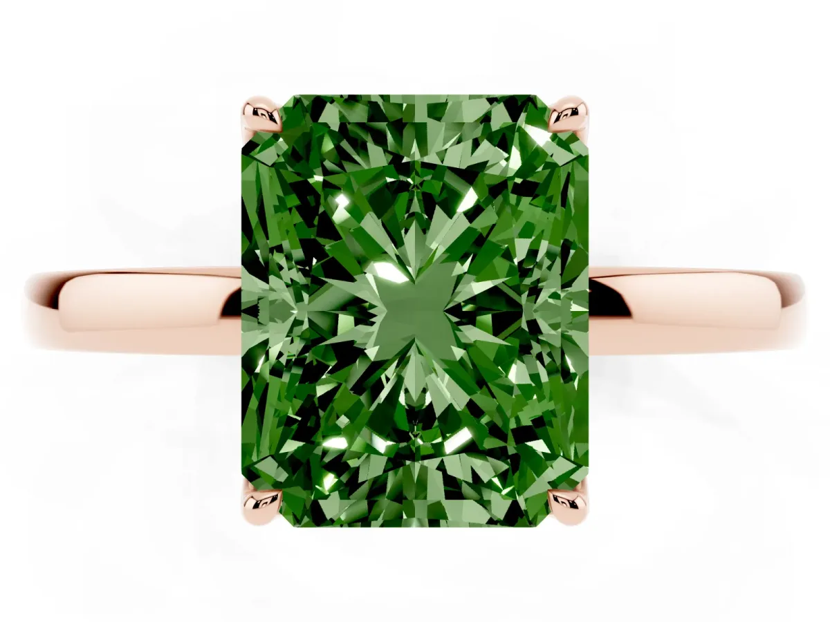 Fancy Green Radiant Cut Diamond Solitaire Ring with Thin Band and Prong Setting Rose gold