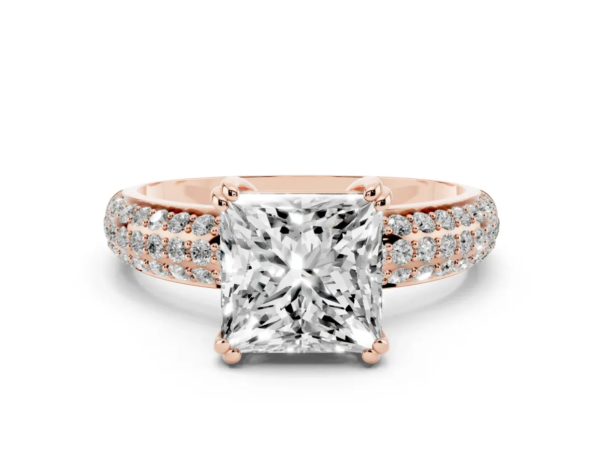 Princess Cut Diamond Solitaire Ring with Multi-Row Round Pavé Band and Prong Setting Rose gold