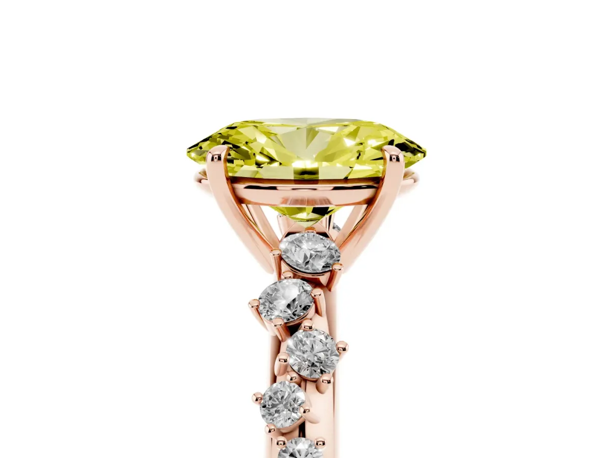 Fancy Yellow Oval Cut Diamond Cluster Side Stone Solitaire Ring with Prong Setting Rose gold