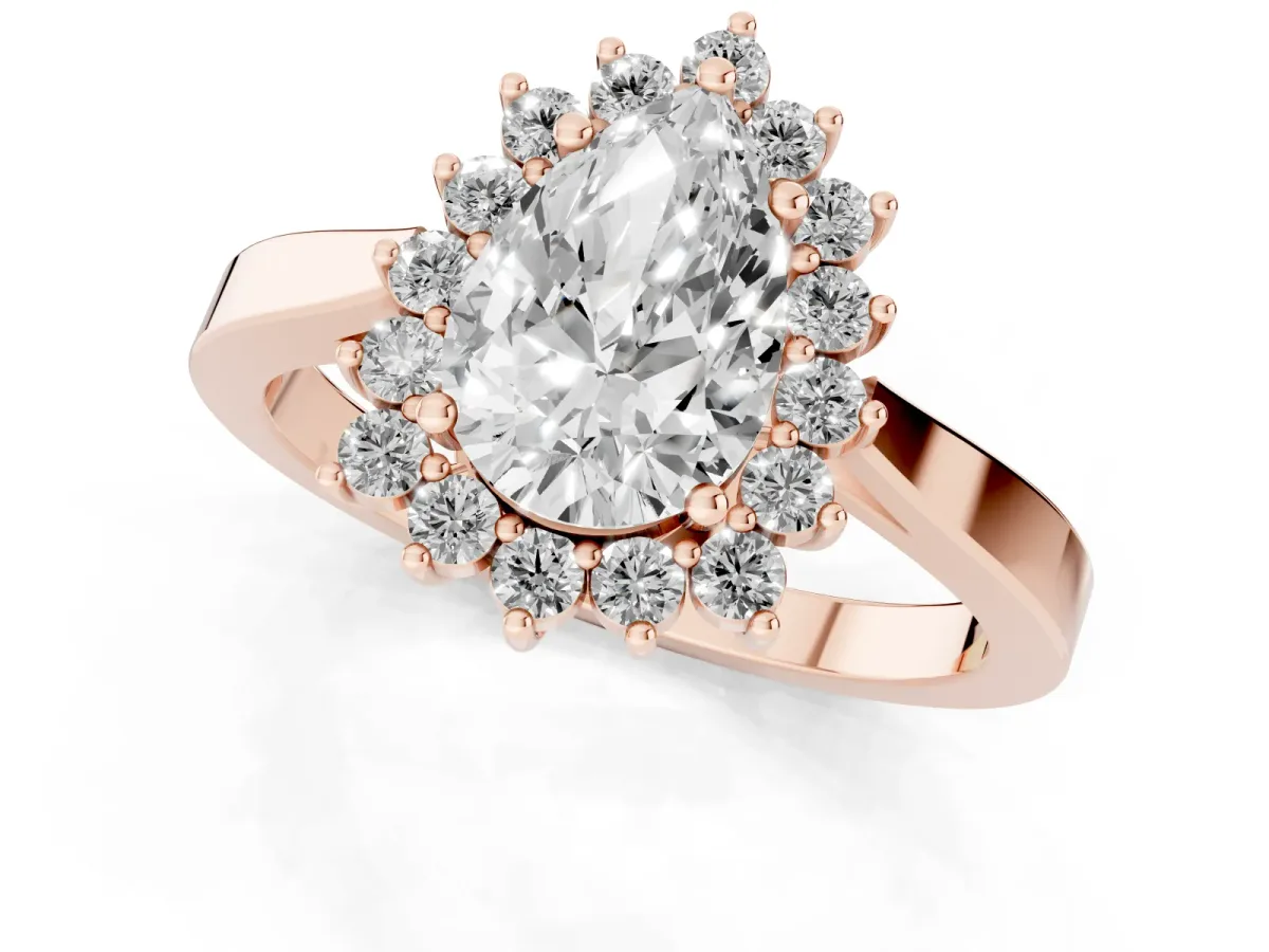 Pear Cut Cut Diamond Halo Ring with Round Brilliant Halo and Solitaire Band Rose gold