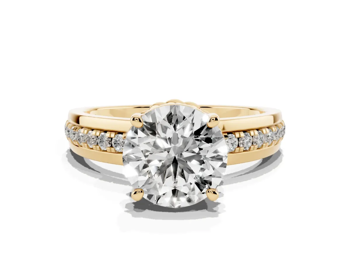 Round Cut Solitaire Diamond Ring with Channel Set Band and Six-Prong Setting Yellow gold