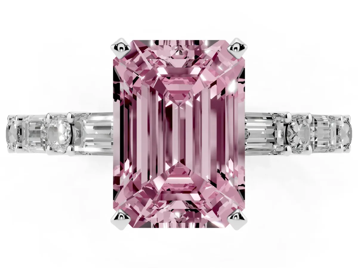 Fancy Pink Emerald Cut Diamond Solitaire with Side Baguettes and Channel Set Band Silver