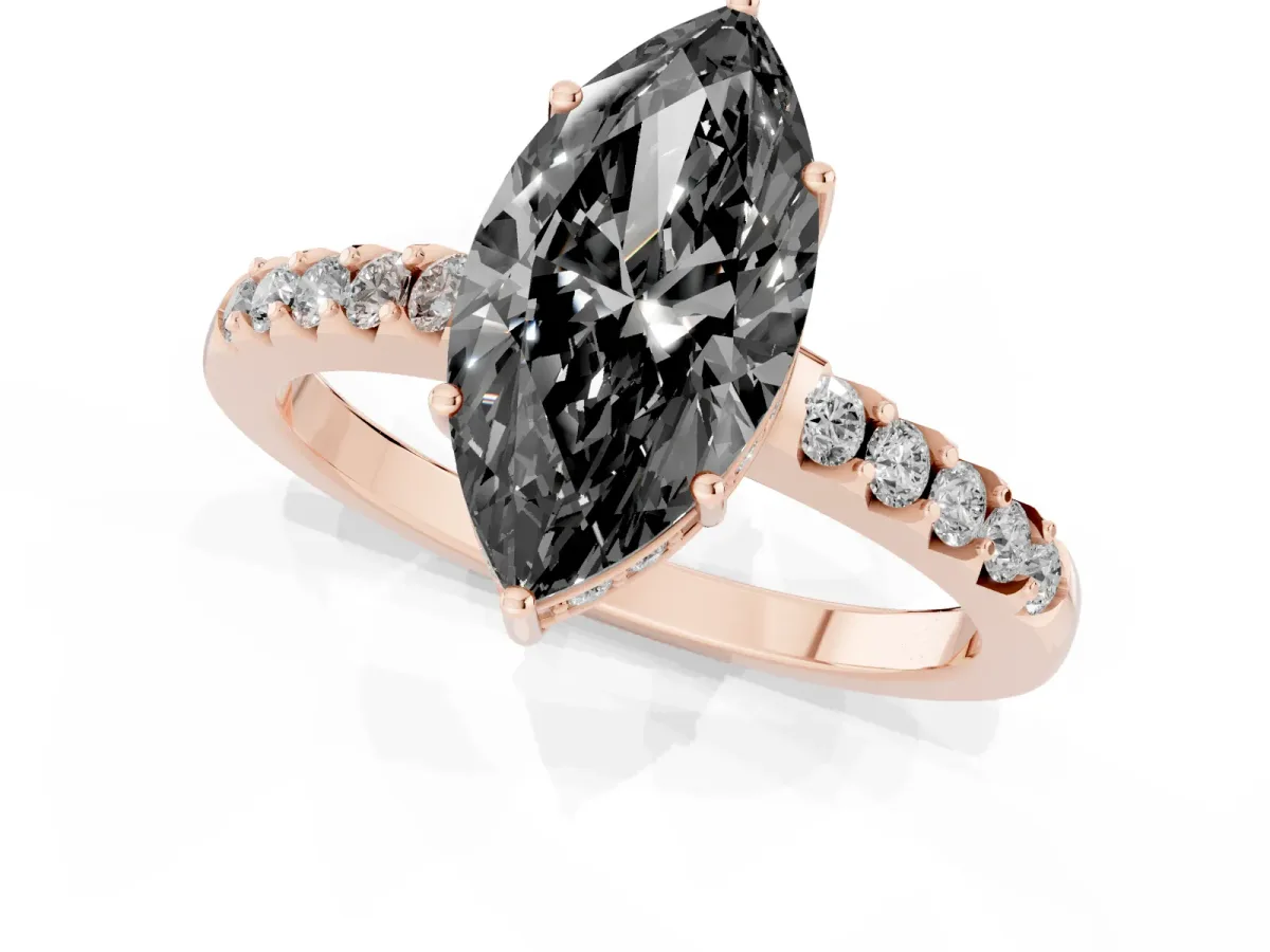 Fancy Black Marquise Cut Solitaire Diamond Engagement Ring with Pavé Band and Six-Prong Setting Rose gold