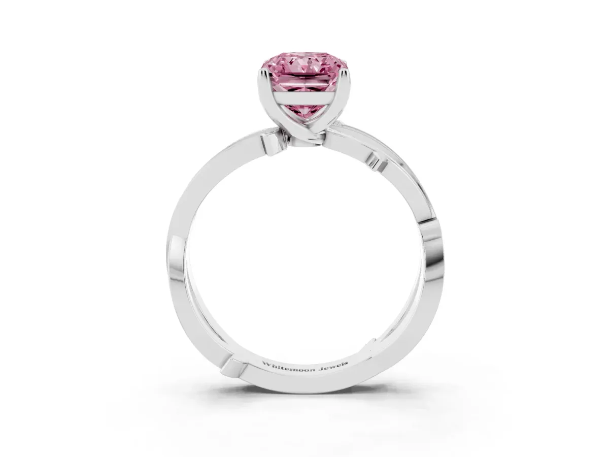 Fancy Pink Radiant Cut Solitaire Twist Band with Pavé Accents and Four-Prong Setting Silver