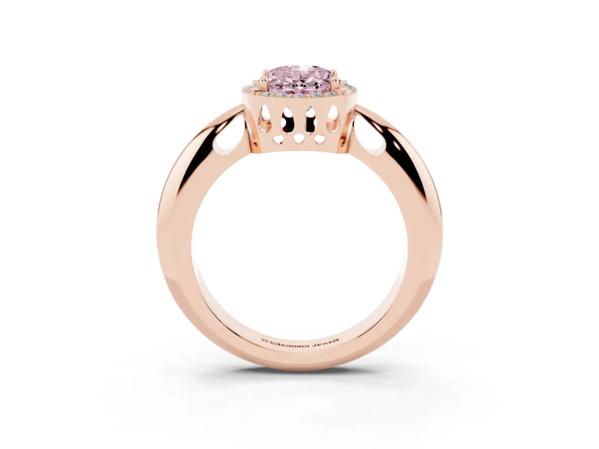 Fancy Pink Oval Cut Cut Diamond Halo Engagement Ring with Split Shank and Four-Prong Setting Rose gold