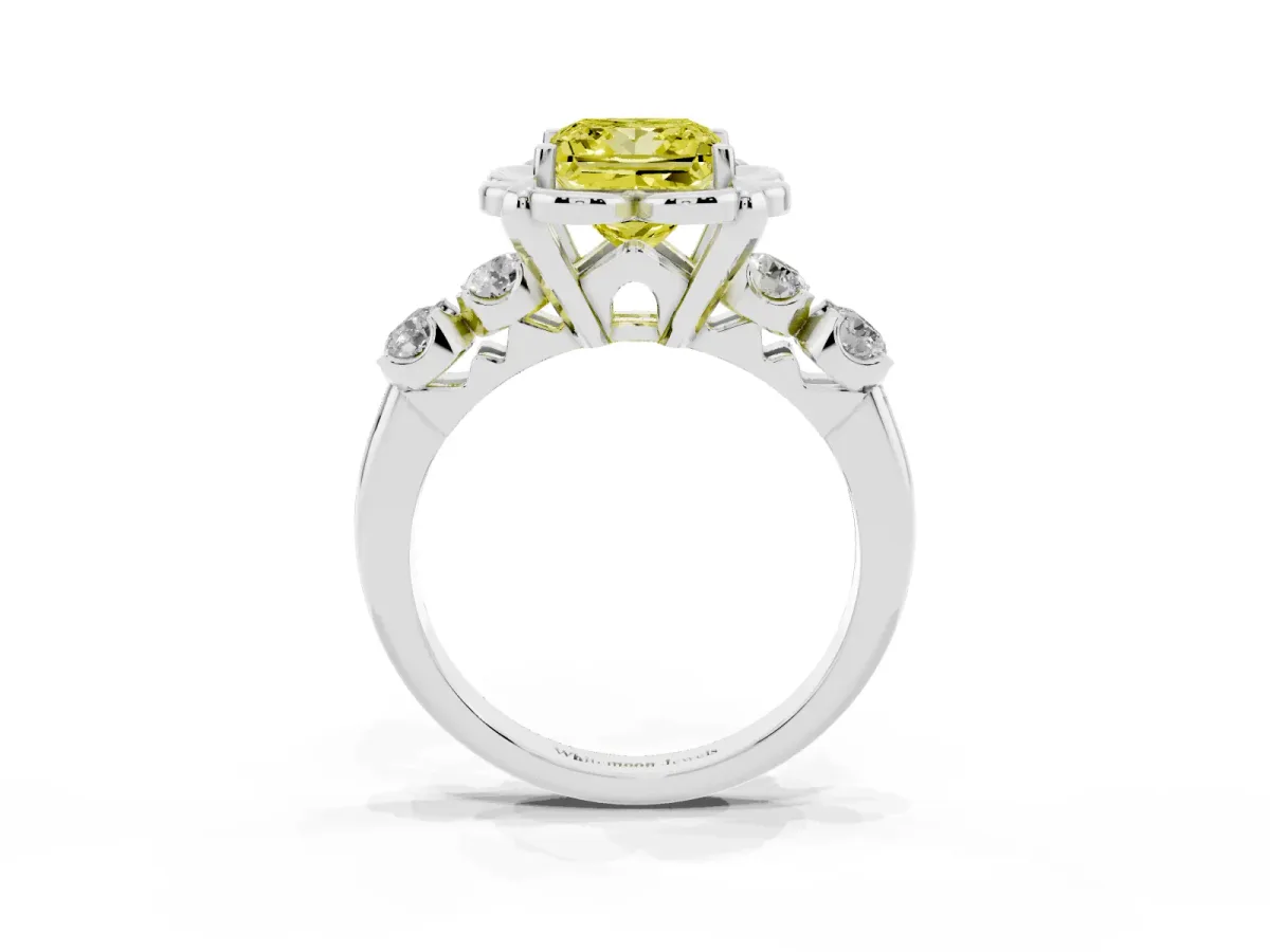 Fancy Yellow Princess Cut Cut Diamond Floral Halo Engagement Ring with Shared Prong Setting Platinum