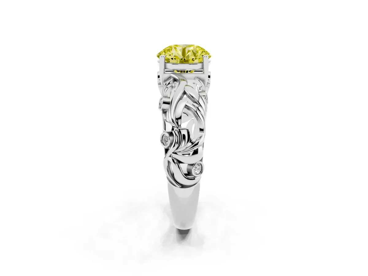 Fancy Yellow Round Cut Solitaire Diamond Leaf-Inspired Vine Band Ring with Prong Setting Silver