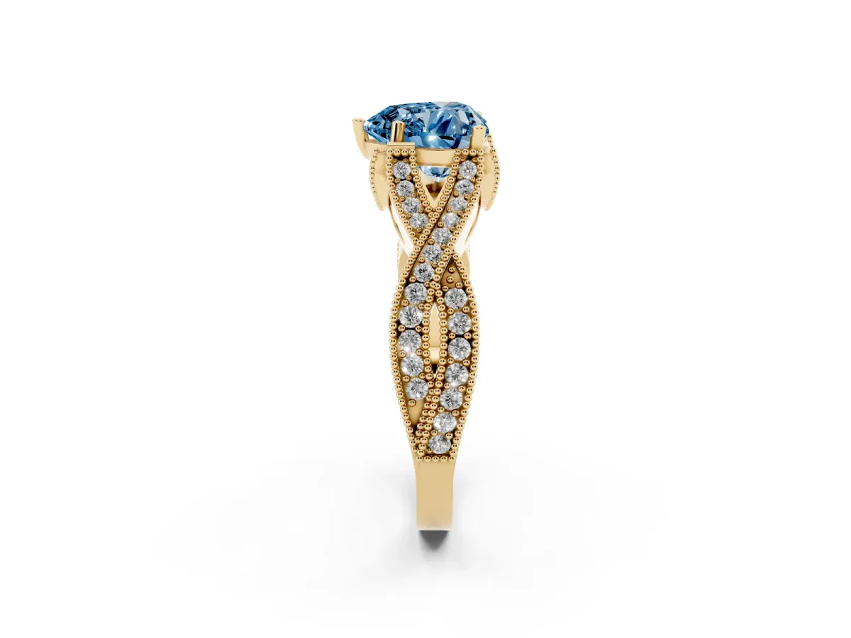 Fancy Blue Heart Cut Cut Diamond Twisted Band with Milgrain Pave Setting and Four-Prong Setting Yellow gold