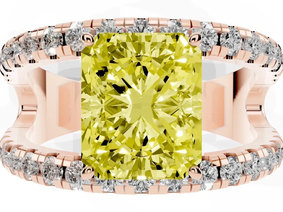 Fancy Yellow Radiant Cut Solitaire Split Shank Pave Diamond Ring Rose gold