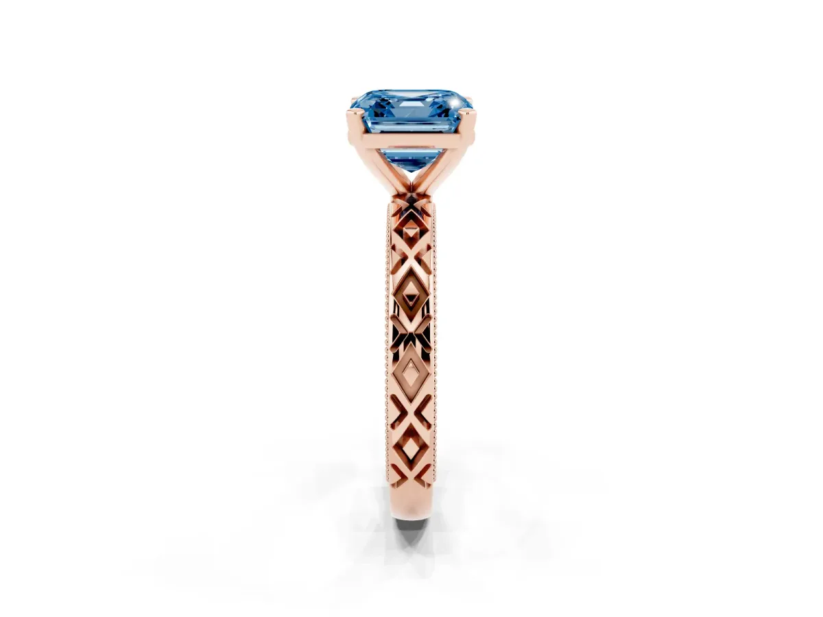 Fancy Blue Asscher Cut Solitaire Diamond Ring with Milgrain and Black Enamel X Pattern Band Rose gold