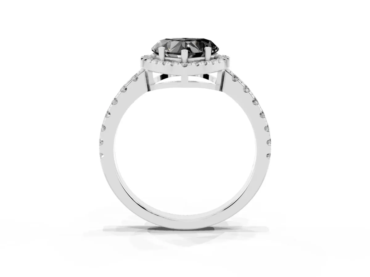 Fancy Black Heart Cut Diamond Halo Ring with Pavé Band and Four-Prong Setting White gold