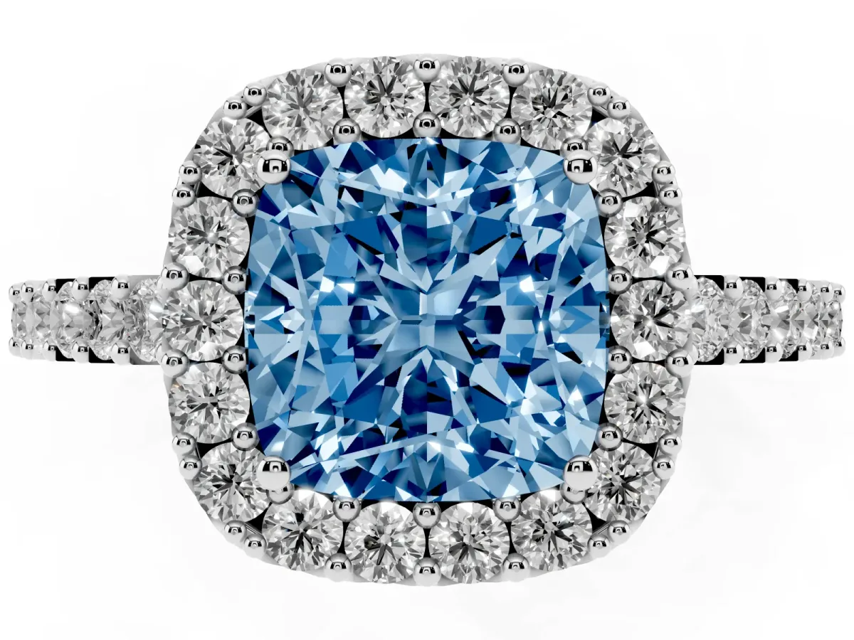 Fancy Blue Cushion Cut Halo Diamond Pavé Solitaire Ring Platinum