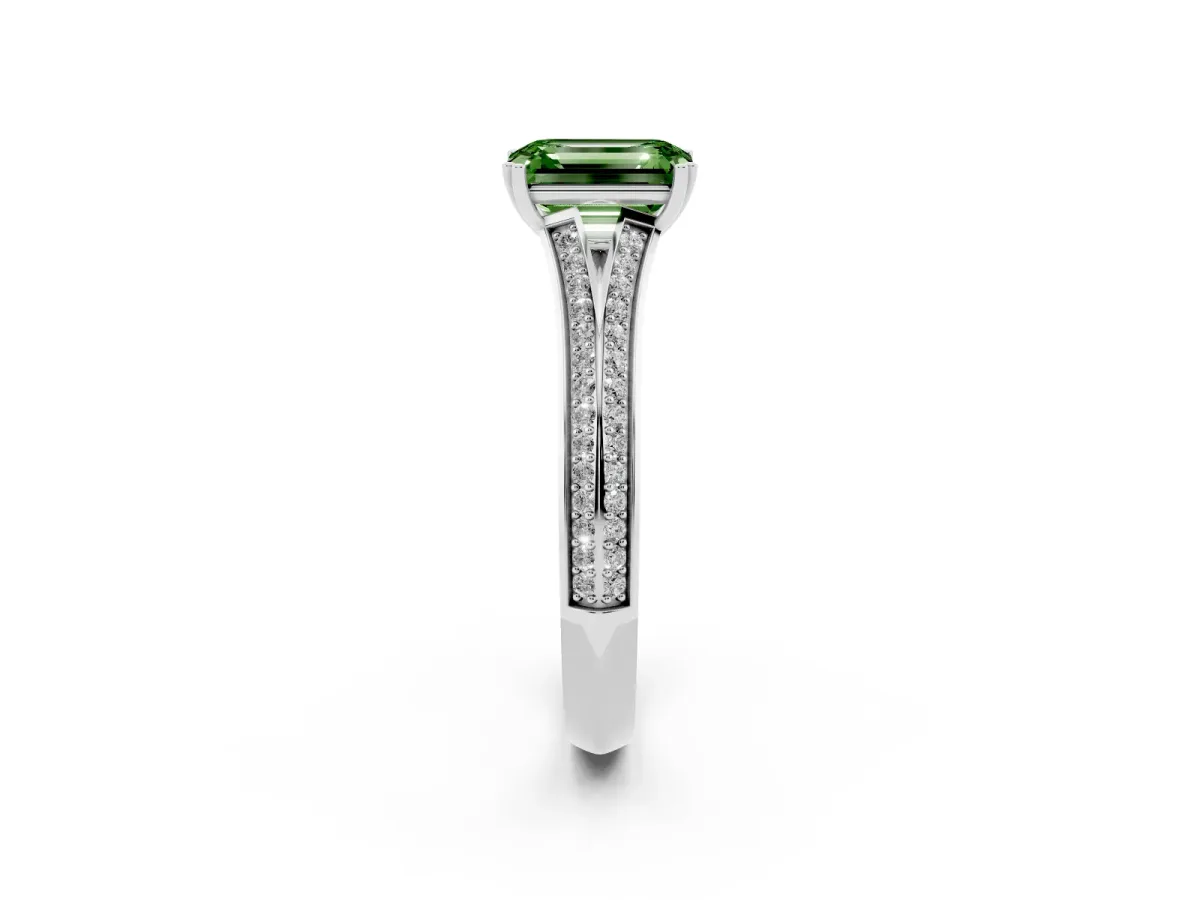 Fancy Green Emerald Cut Diamond Split Shank Engagement Ring with Pavé Band Silver