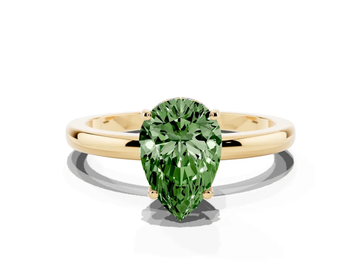 Fancy Green Pear Cut Solitaire Diamond Ring with Prong Setting and Plain Band Yellow gold