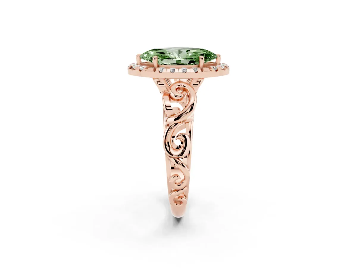 Fancy Green Marquise Cut Cut Halo Diamond Ring with Scrollwork Band and Four-Prong Setting Rose gold
