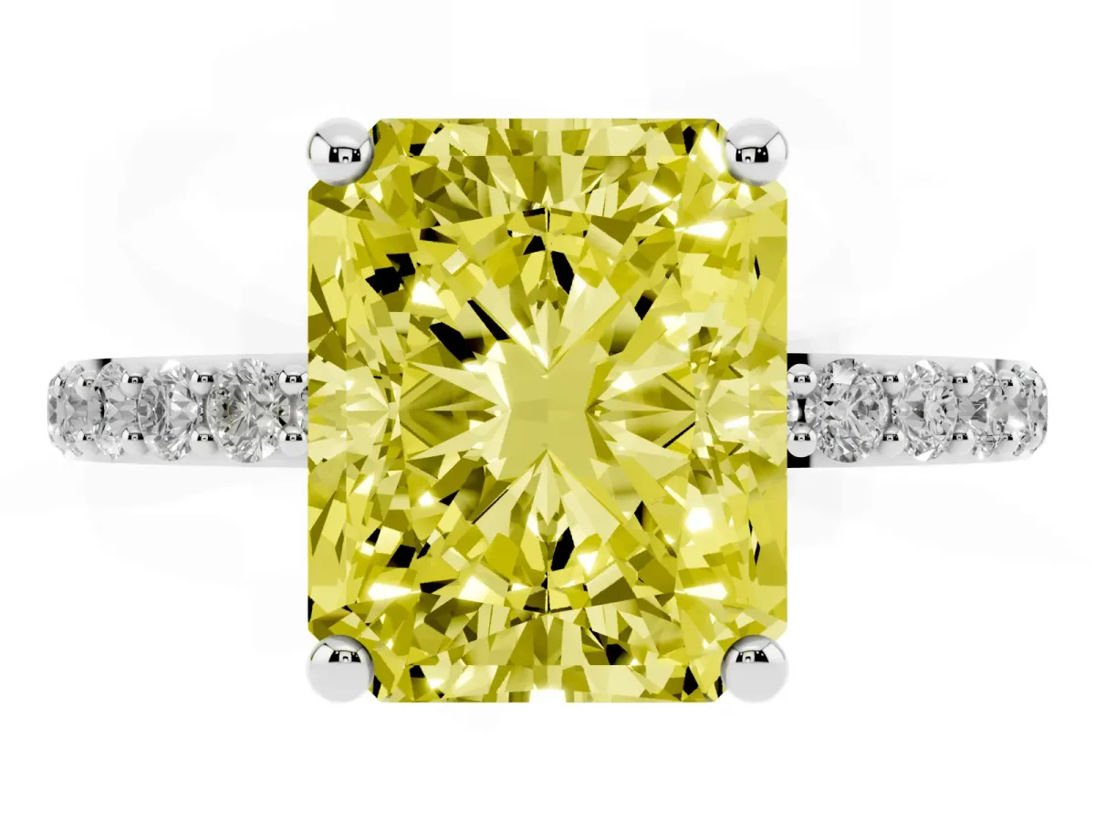 Fancy Yellow Radiant Cut Diamond Solitaire Ring with Round Pavé Band and Prong Setting Silver
