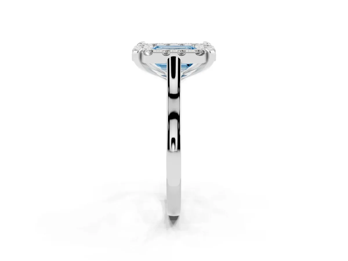 Fancy Blue Emerald Cut Diamond Cluster Halo Solitaire with Four-Prong Setting Platinum