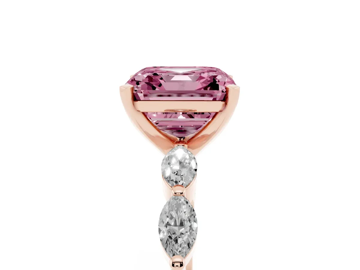Fancy Pink Asscher Cut Diamond Ring with Marquise Side Stones and Prong Setting Rose gold