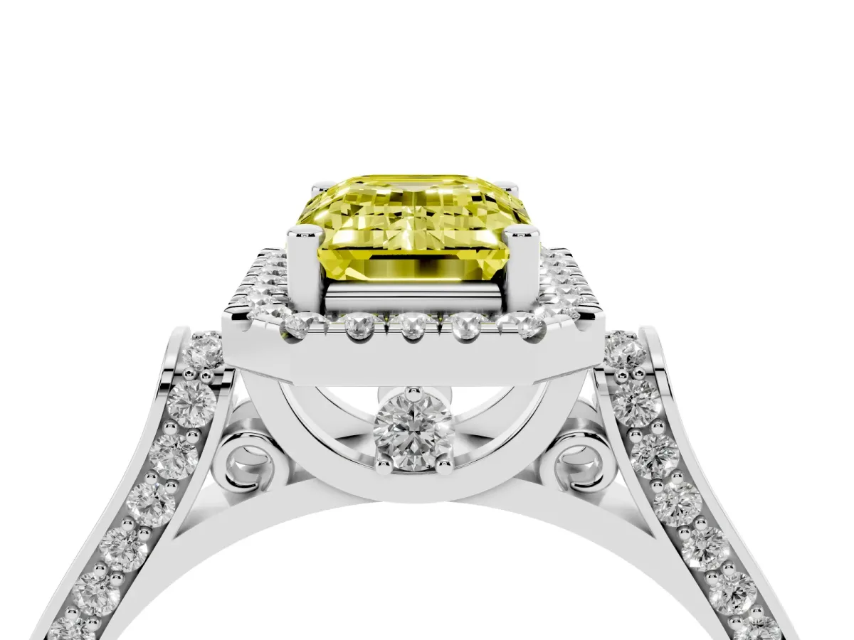 Fancy Yellow Emerald Cut Halo Pave Split Shank Prong Setting Ring Platinum