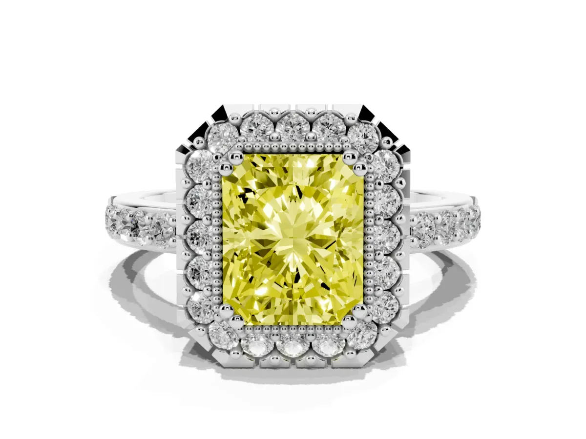 Fancy Yellow Radiant Cut Diamond Halo Ring with Pavé Band and Prong Setting White gold