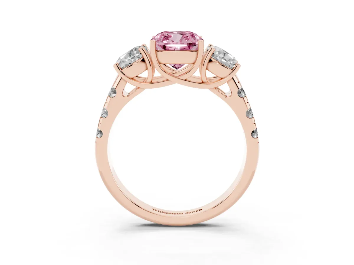 Fancy Pink Three-Stone Cushion Cut Diamond Pavé Band with Prong Setting Rose gold