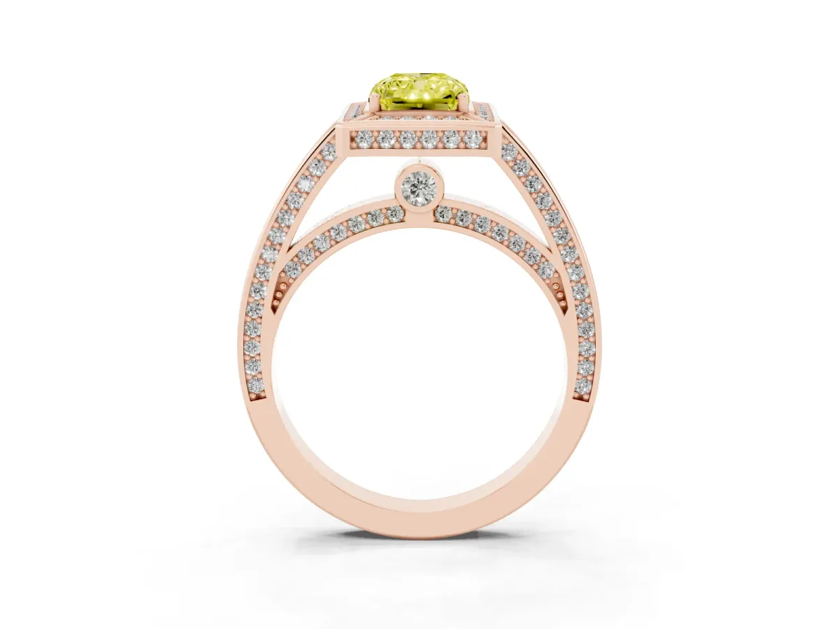 Fancy Yellow Radiant Cut Cut Halo Pave Split Shank Prong Setting Ring Rose gold