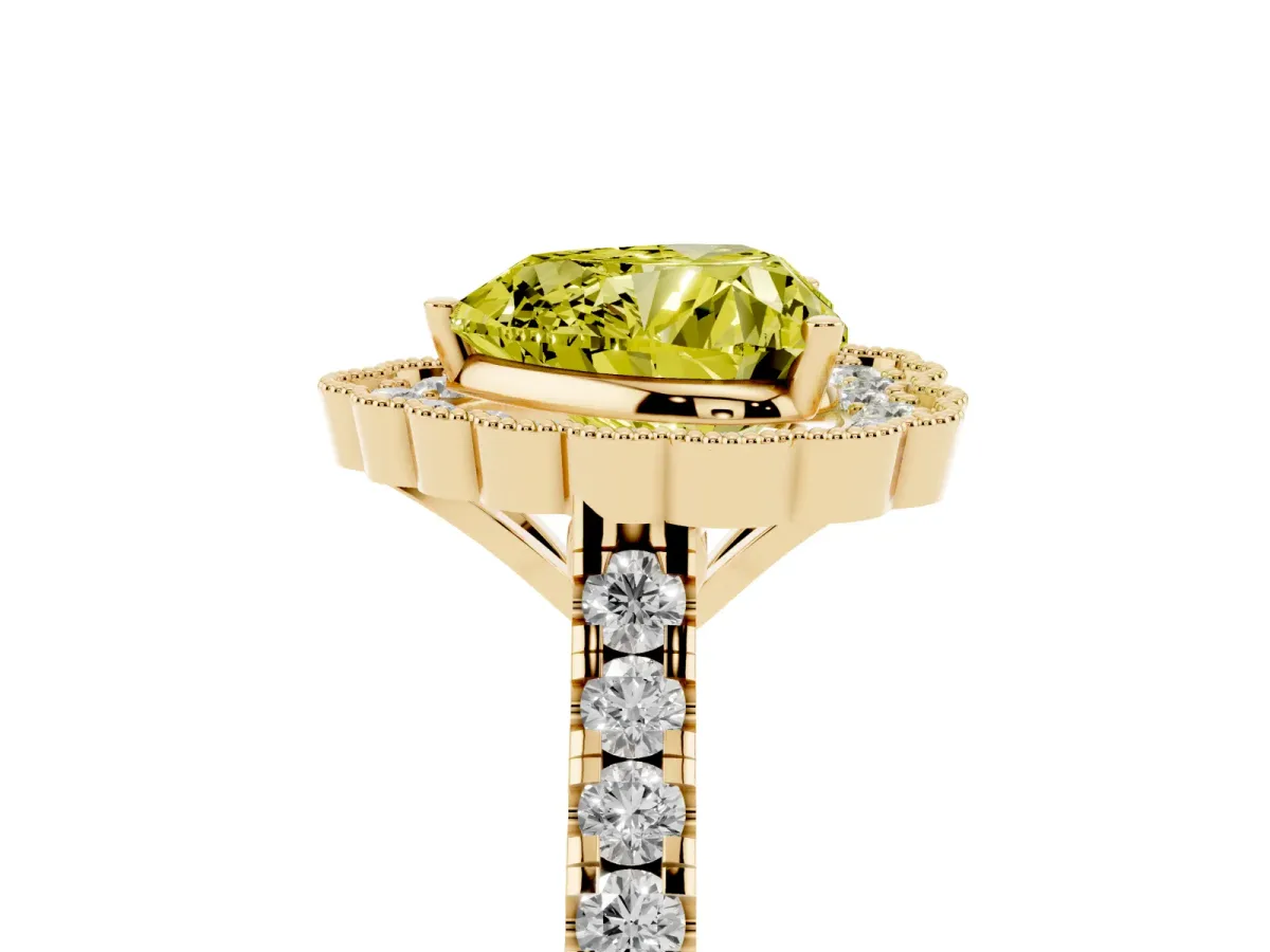 Fancy Yellow Heart Cut Cut Diamond Milgrain Floral Halo Engagement Ring with Pavé Band Yellow gold