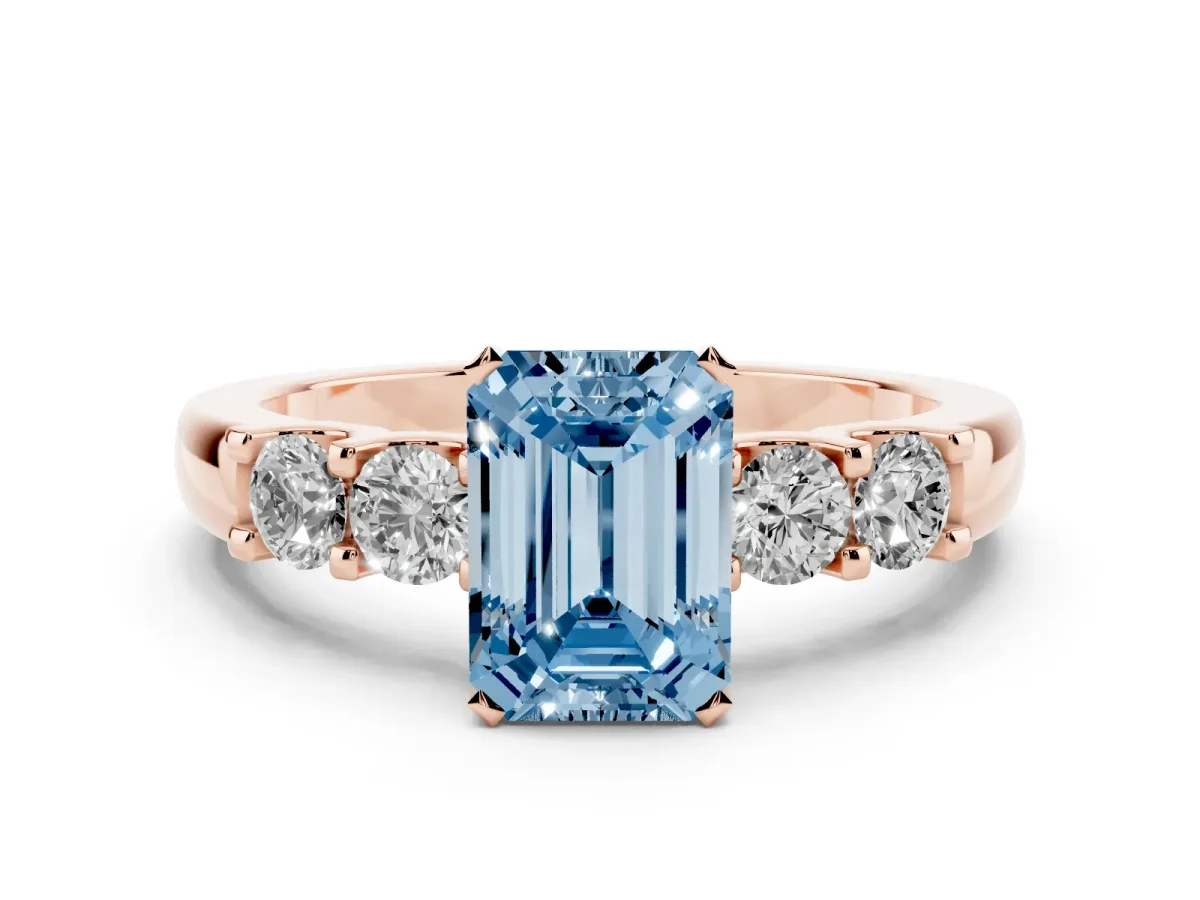 Fancy Blue Emerald Cut Brilliant Cut Diamond Five-Stone Prong Set Engagement Ring with Channel Band Rose gold