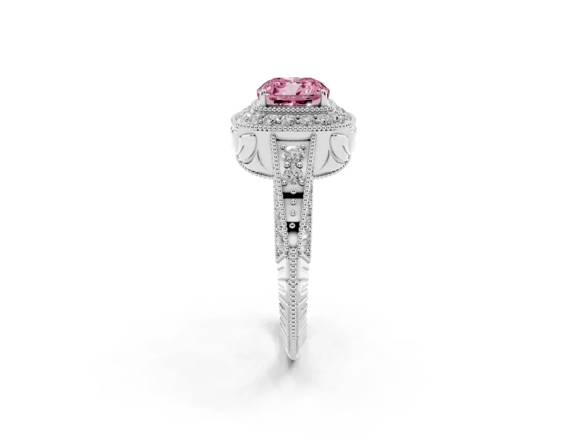 Fancy Pink Cushion Cut Halo Diamond Split Shank Ring with Milgrain Detail White gold