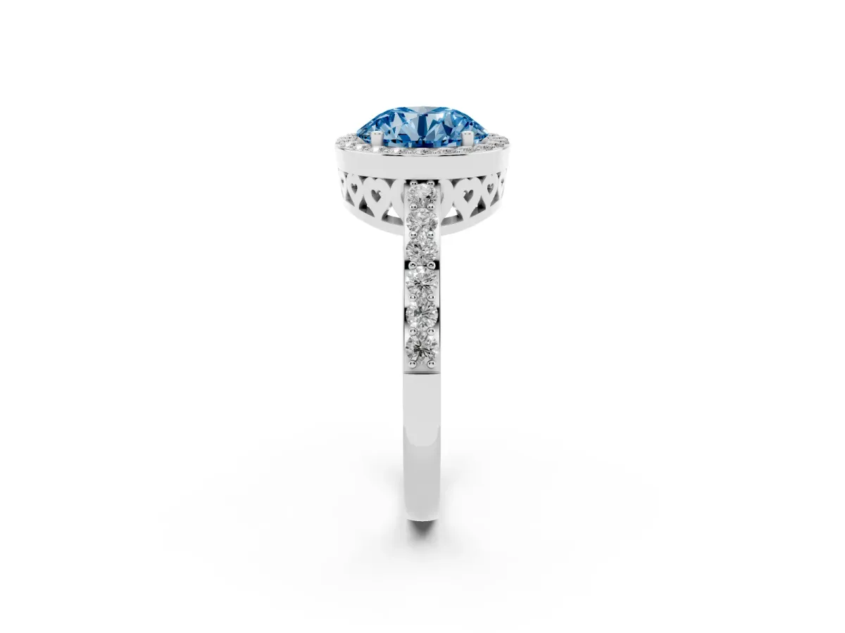 Fancy Blue Round Cut Halo Diamond Pavé Band Ring with Prong Setting Silver