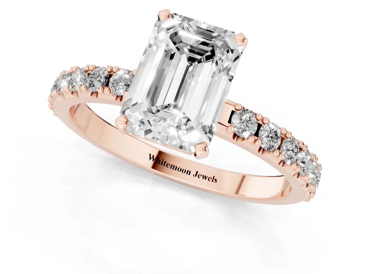 Emerald Cut Diamond Solitaire Pavé Band with Four-Prong Setting Rose gold