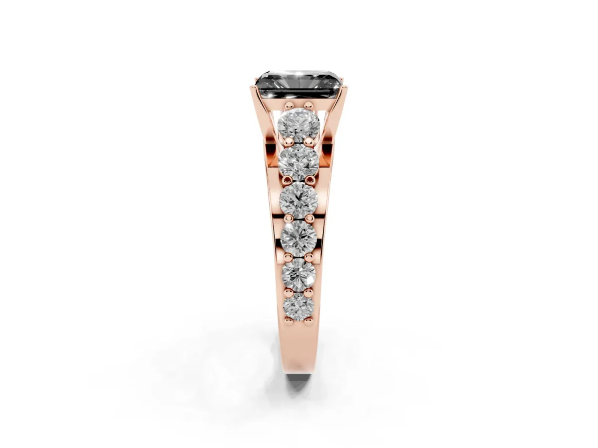 Fancy Black Radiant Cut Diamond Engagement Ring with Pavé Band and Four-Prong Setting Rose gold