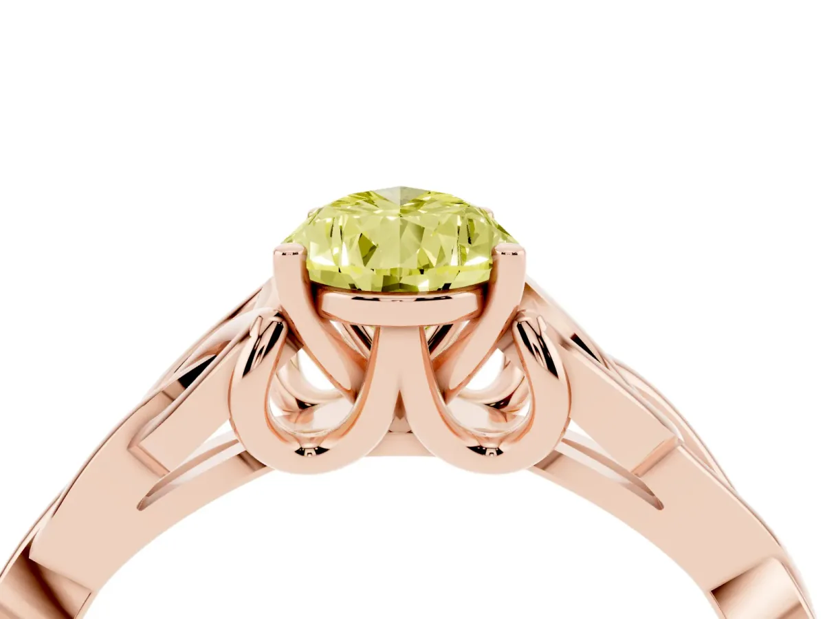 Fancy Yellow Pear Cut Diamond Solitaire Engagement Ring with Celtic Knot Band and Four-Prong Setting Rose gold