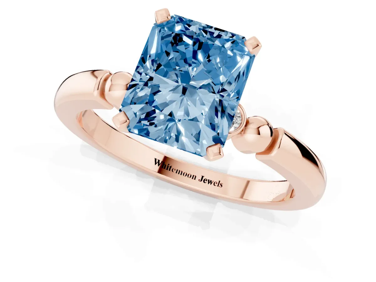 Fancy Blue Radiant Cut Solitaire Beaded Band with Four-Prong Setting Rose gold