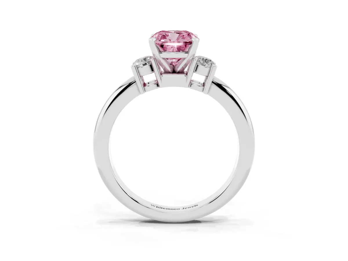 Fancy Pink Three-Stone Cushion Cut Cut Diamond Solitaire with Prong Setting and Classic Band White gold