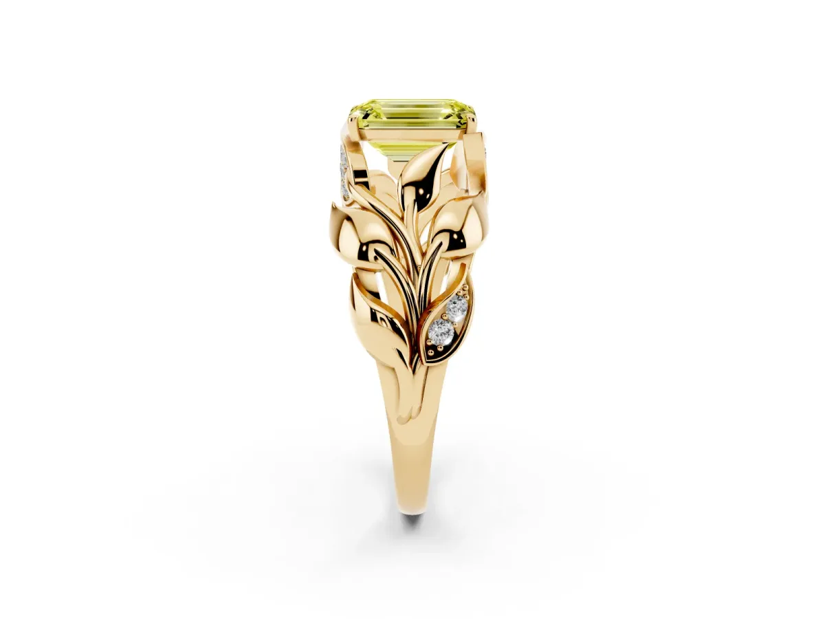 Fancy Yellow Emerald Cut Diamond Leaf-Inspired Engagement Ring with Round Accents and Prong Setting Yellow gold