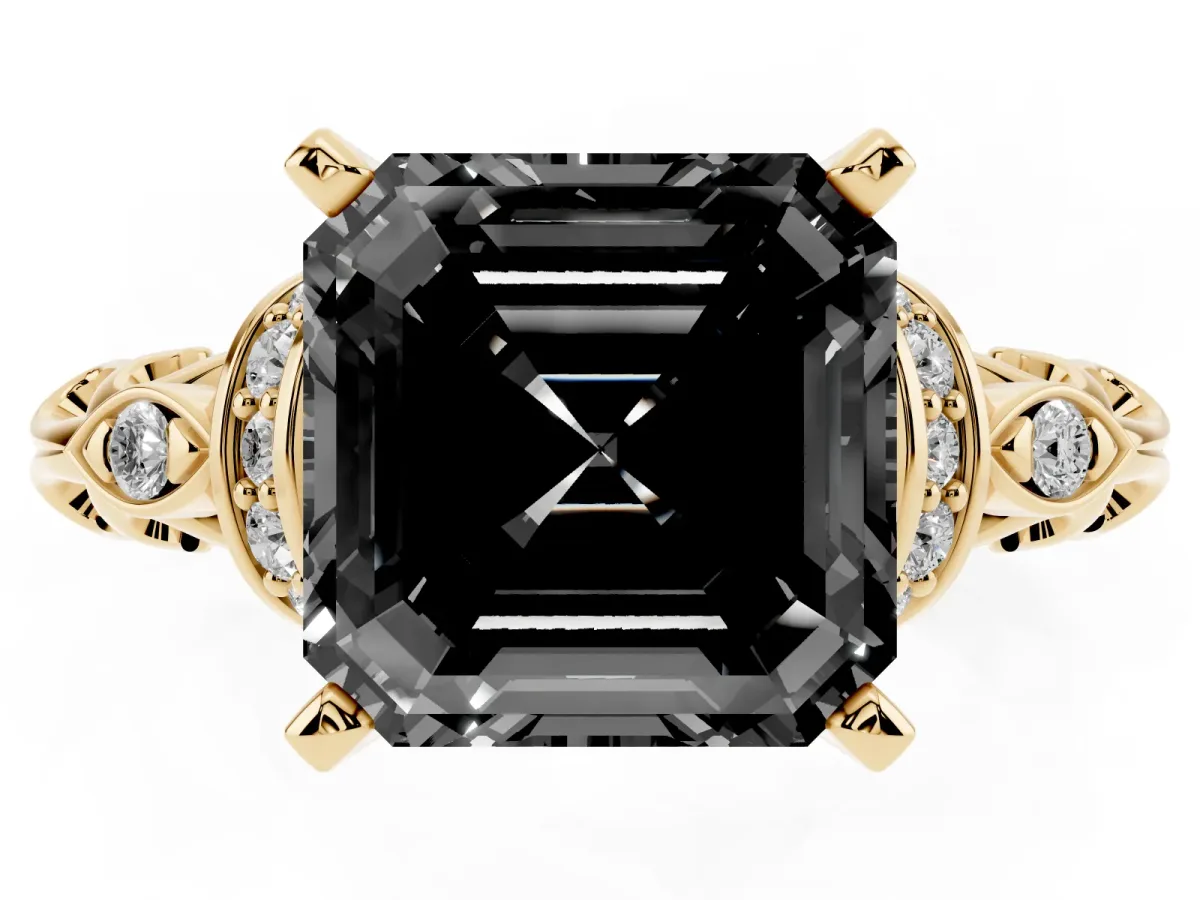Fancy Black Asscher Cut Diamond Solitaire Ring with Filigree Band and Four-Prong Setting Yellow gold