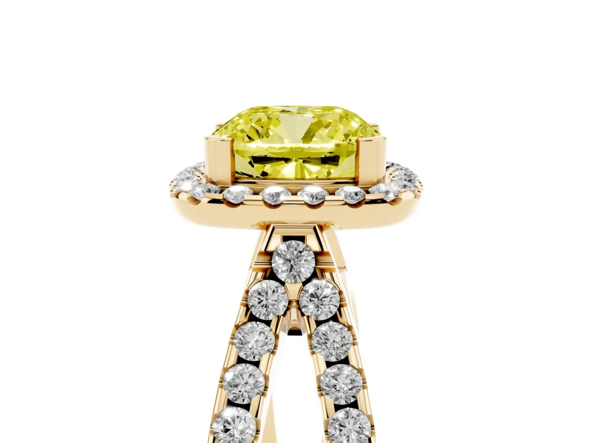 Fancy Yellow Cushion Cut Diamond Halo Ring with Split Shank Pavé Band and Prong Setting Yellow gold